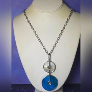 You & I Silver Tone Necklace Blue & White Abalone Circle Pendants